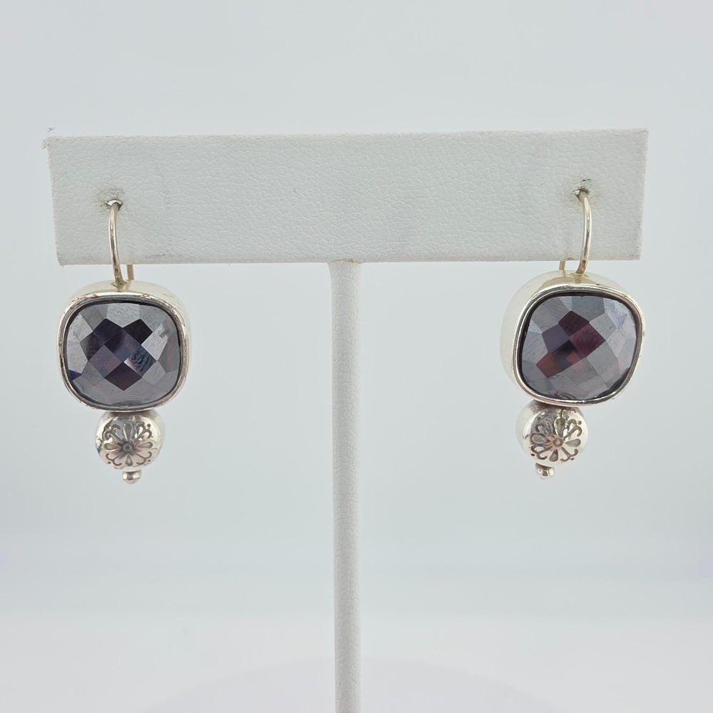BRIGHTON Crystal Earrings Smoky Grey Faceted Scrollwork Dangle Drop Silver Plate